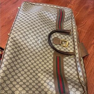 Gucci Beige Monogram Travel Bag with Green and Red Web Stripe